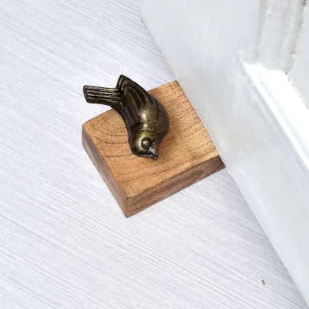 Handcrafted Wooden Door Stopper with Iron Bird